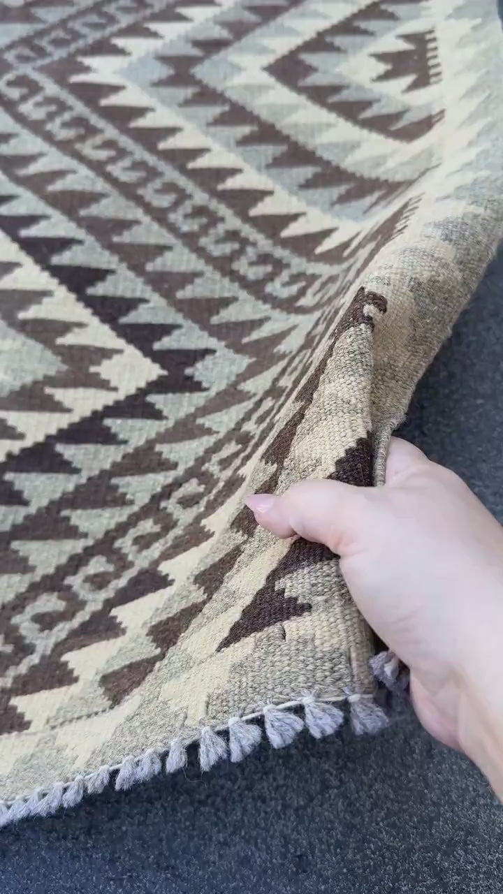 3x4 Handmade Afghan Kilim Rug | Brown Beige Cream Taupe Black Grey | Wool Flatwoven