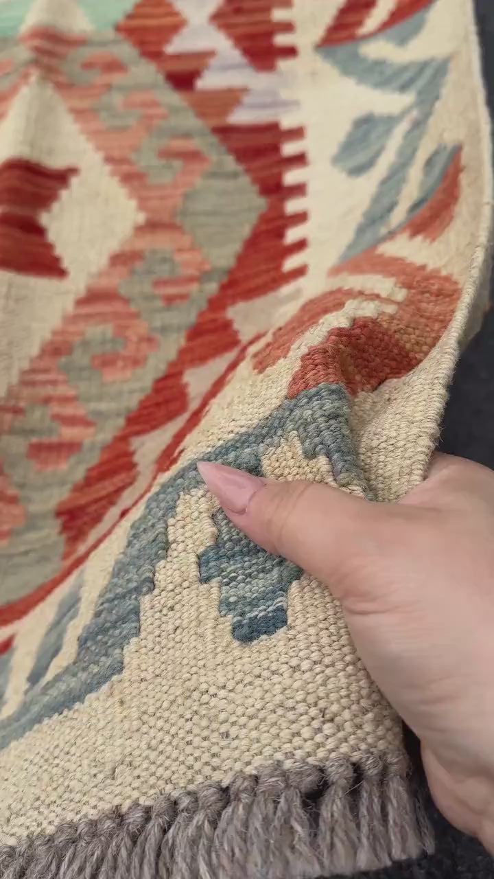 2x6 (61x182) Handmade Afghan Kilim Runner Rug | Cream Tan Taupe Denim Sky Baby Blue Crimson Scarlet Red Sage Pine Green Peach Grey Cream