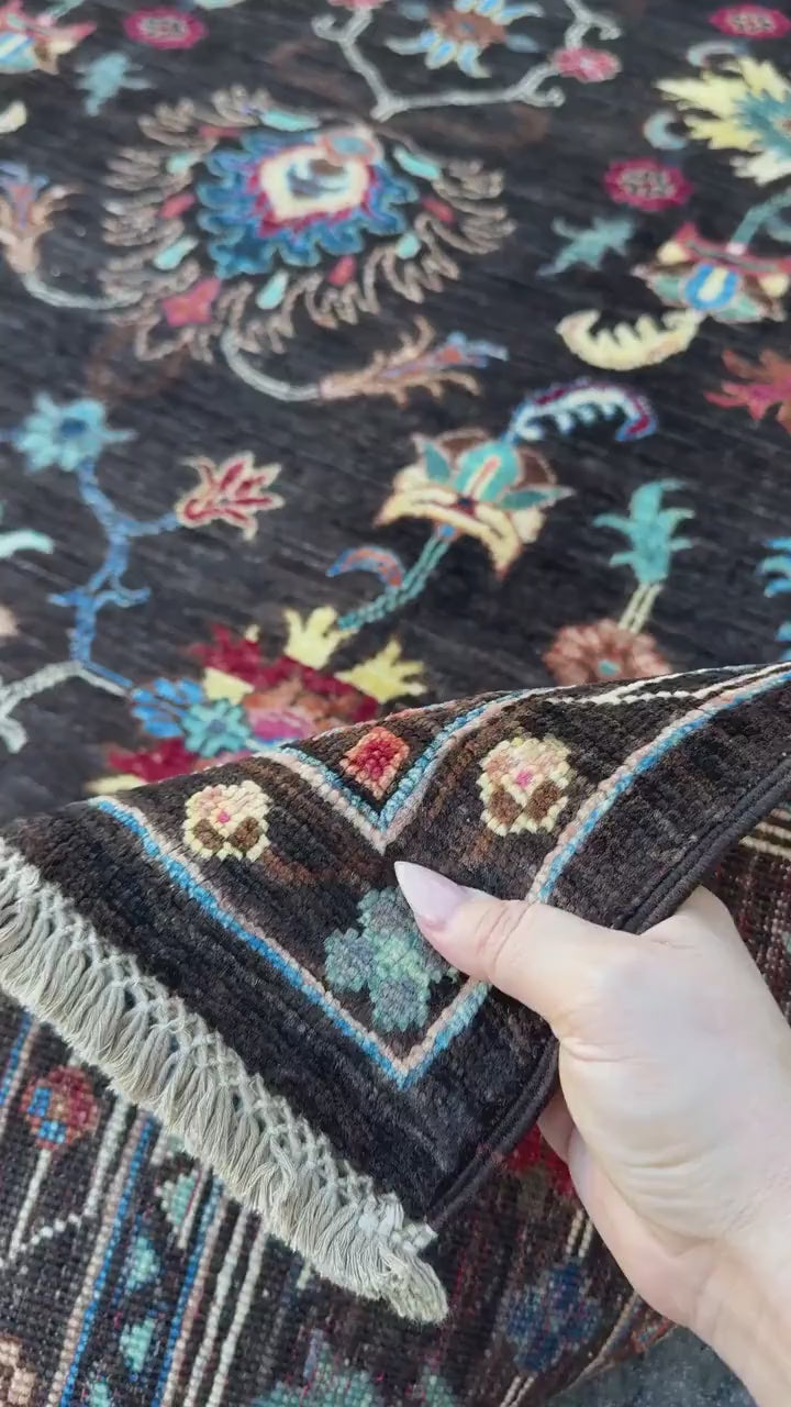 5x7 Handmade Afghan Wool Rug | Dark Chocolate Brown Floral Area Rug | Sky Blue, Coral and Gold Accents | Hand-Knotted Carpet