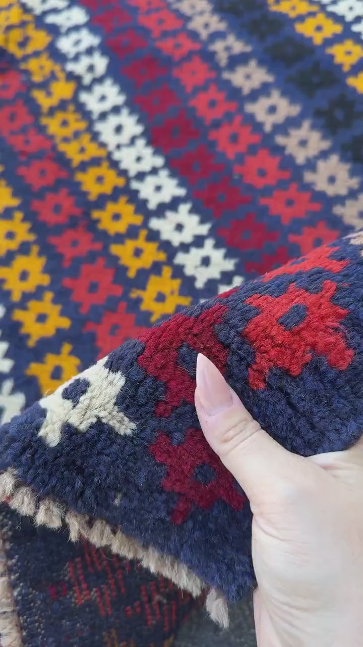4x6 Handmade Vintage Afghan Baluch Rug | Midnight Blue Mustard Gold Yellow White Black Brick Red Burnt Orange Chocolate Brown Beige | Wool