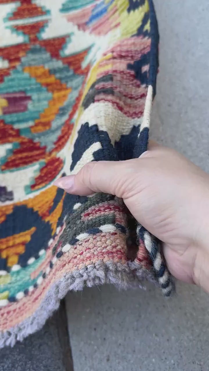 2x5 Handmade Afghan Kilim Runner Rug | Cream White Burnt Orange Midnight Denim Blue Charcoal Grey Aqua Teal Mustard Yellow Red | Flatwoven