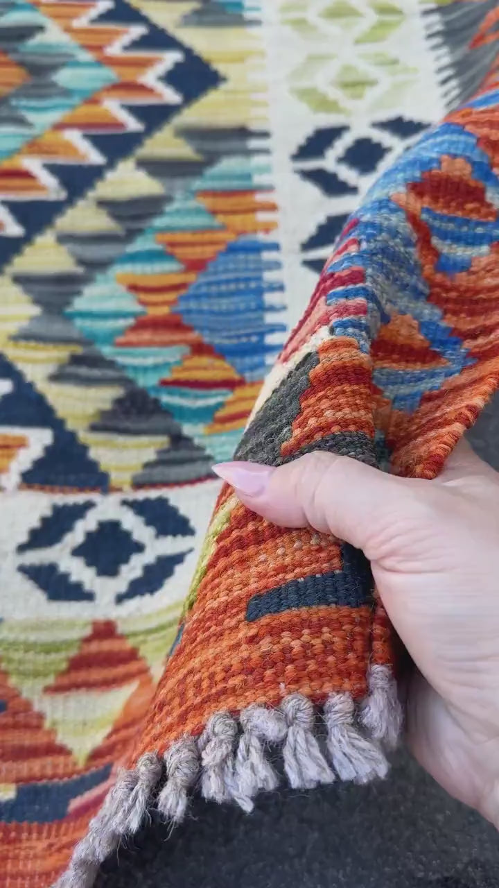3x4 Handmade Afghan Kilim Rug | Cream White Black Teal Aqua Mustard Yellow Denim Blue Burnt Orange Charcoal Grey Lime Green | Wool Flatwoven