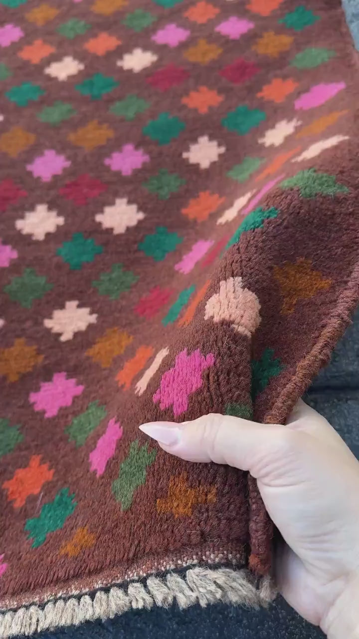 3x9 (90x275) Handmade Vintage Afghan Baluch Runner Rug | Chocolate Brown Forest Moss Green Rose Salmon Pink Burnt Orange Brick Red | Wool