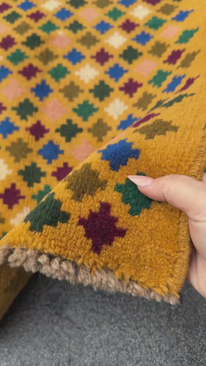 2x3 Handmade Vintage Afghan Baluch Rug | Mustard Yellow Cream Salmon Pink Peach Brick Red Forest Olive Green Copper Brown Blue | Flatwoven