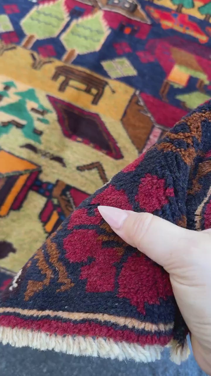 3x4-5 Handmade Vintage Afghan Baluch Rug Navy Blue Scarlet Brick Red Moss Forest Green Orange White Black Cream Saffron Caramel Coffee Brown