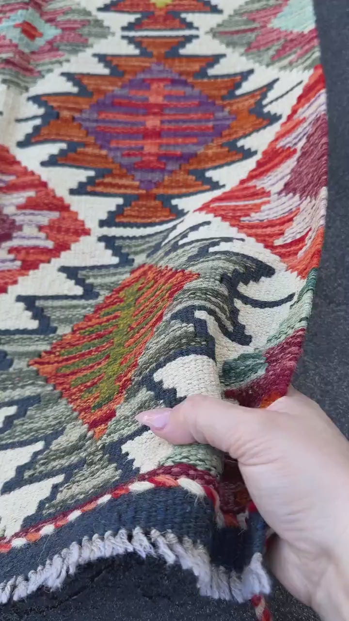 2x5 Handmade Afghan Kilim Runner Rug | Cream White Sand Beige Teal Aqua Denim Navy Olive Forest Green Brick Red Burnt Orange Mustard | Wool