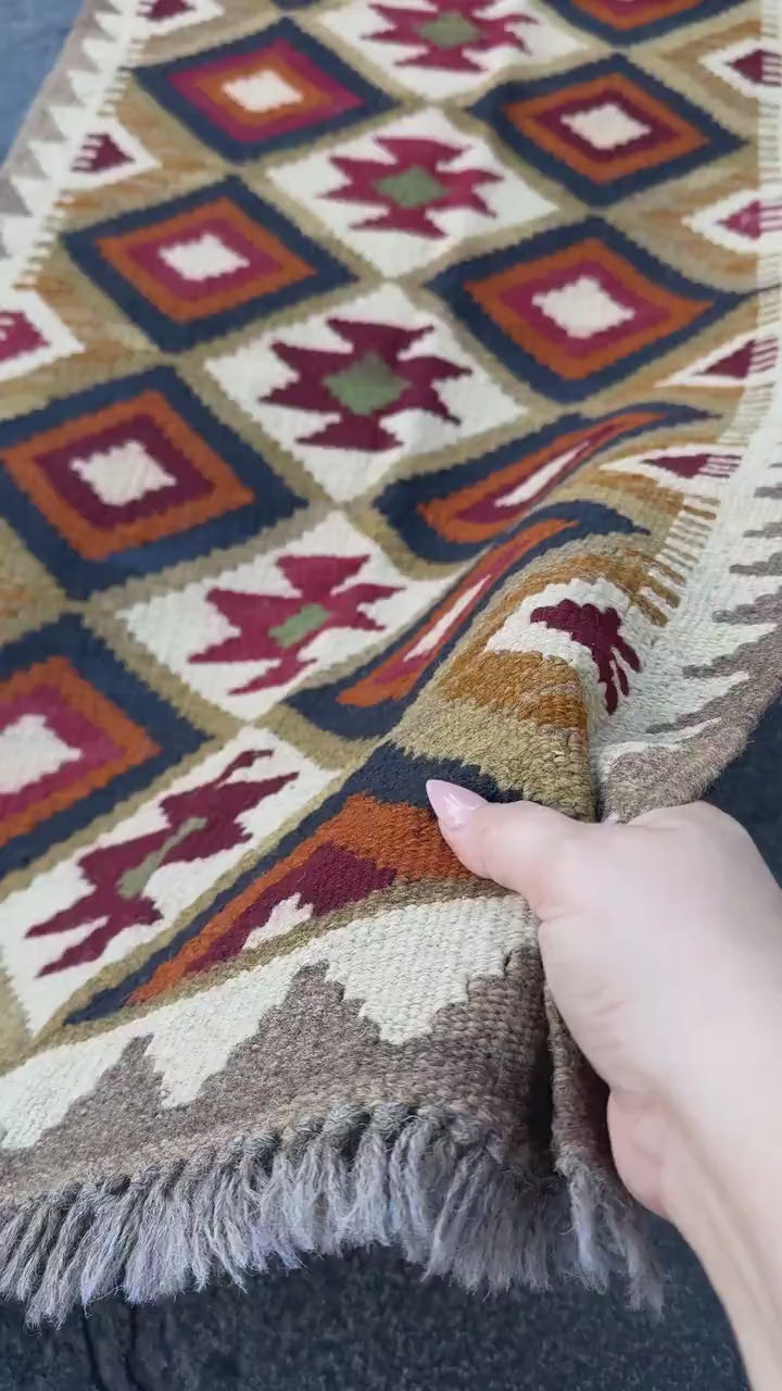 3x7 (63x200) Handmade Afghan Kilim Runner Rug | Cream Ivory Maroon Blood Red Auburn Charcoal Grey Olive Green Carmel Brown Tan Orange Black