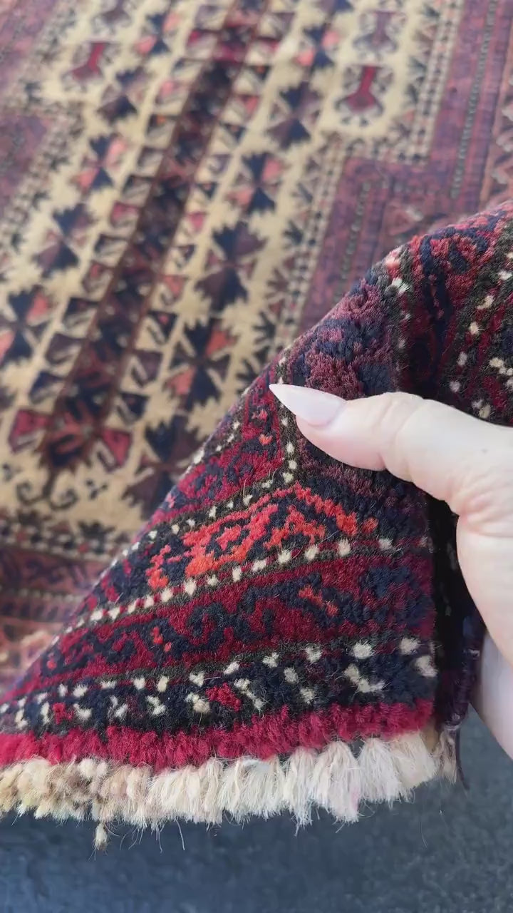 3x5 (91x152) Handmade Vintage Afghan Baluch Rug | Brick Crimson Blood Red Midnight Blue Cream Chocolate Coffee Brown Black Gold White | Wool