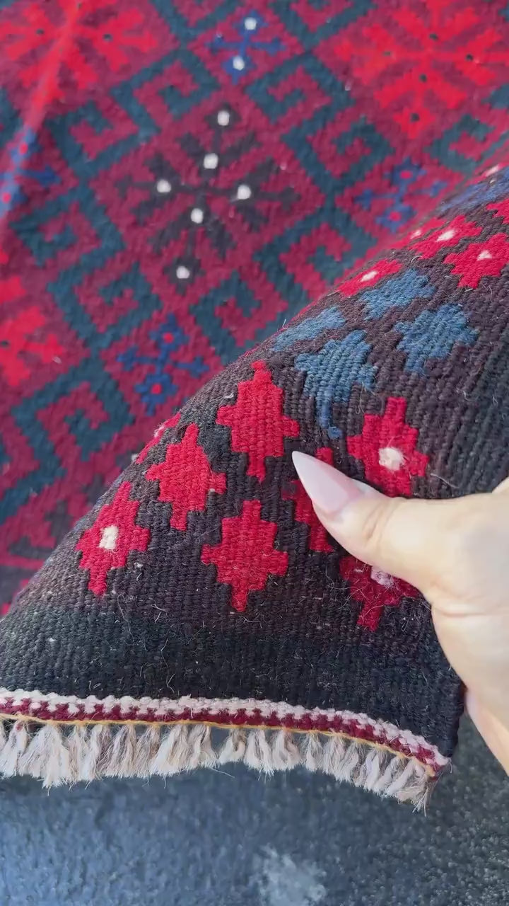 3x4 Handmade Afghan Kilim Rug | Crimson Blood Scarlet Red Navy Midnight Blue Cream White Chocolate Brown Black | Wool Flatweave
