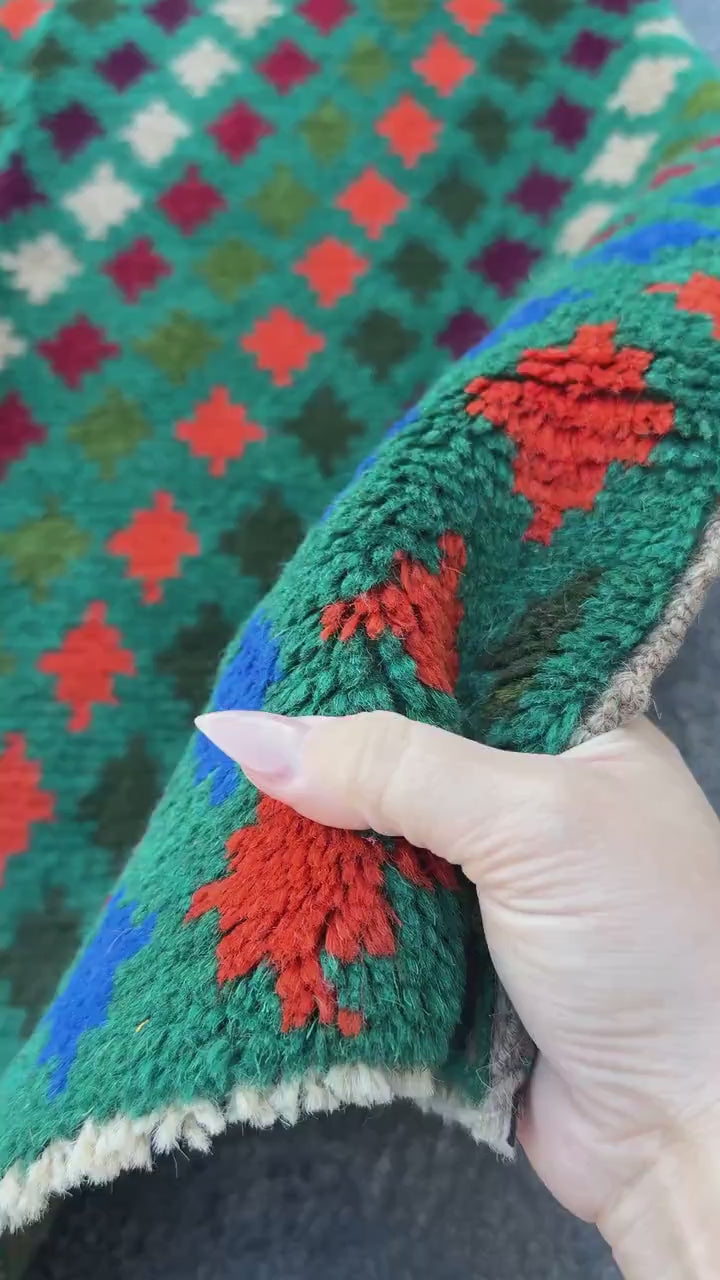3x10 Handmade Vintage Afghan Baluch Runner Rug | Forest Pine Olive Green Brick Red Eggplant Purple Burnt Orange Navy Blue Grey Tan | Wool
