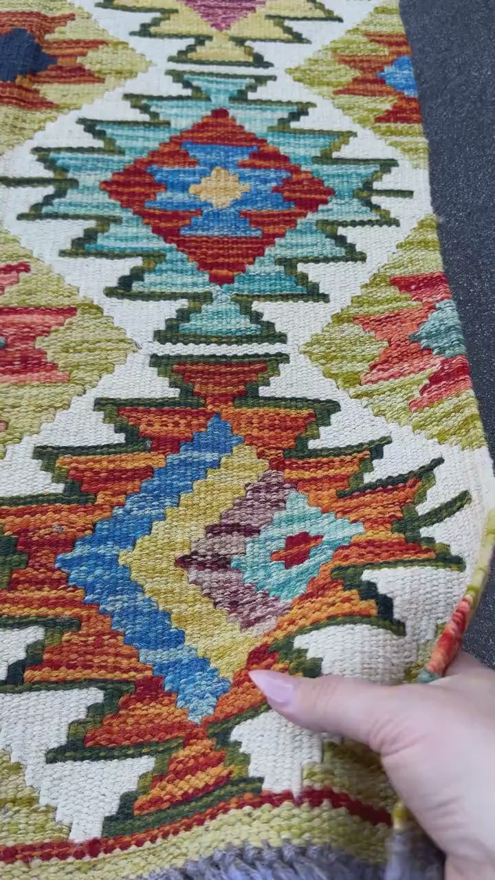 2x5 Handmade Afghan Kilim Runner Rug | Cream White Mustard Yellow Aqua Burnt Orange Rust Red Denim Royal Blue Maroon Moss Green Grey | Wool