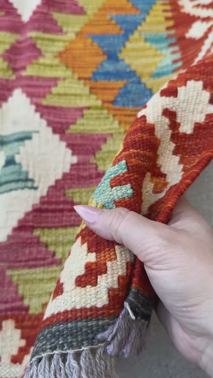 2x3 Handmade Afghan Kilim Rug | Blood Crimson Rose Red Pink Olive Green Burnt Orange Mustard Yellow Cream Aqua Denim Baby Blue | Wool