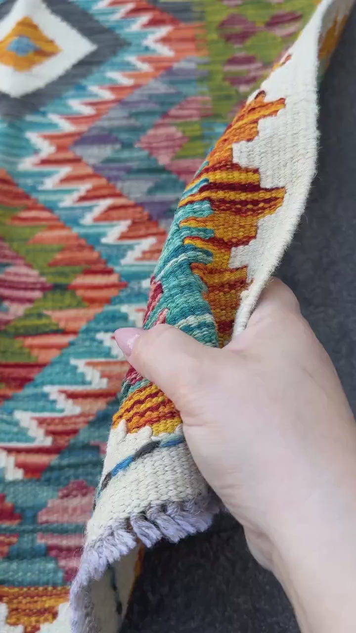 3x7 (100x200) Handmade Afghan Kilim Runner Rug | Cream Teal Orange Brick Red Moss Olive Green Purple Ivory Charcoal Grey | Wool Turkish