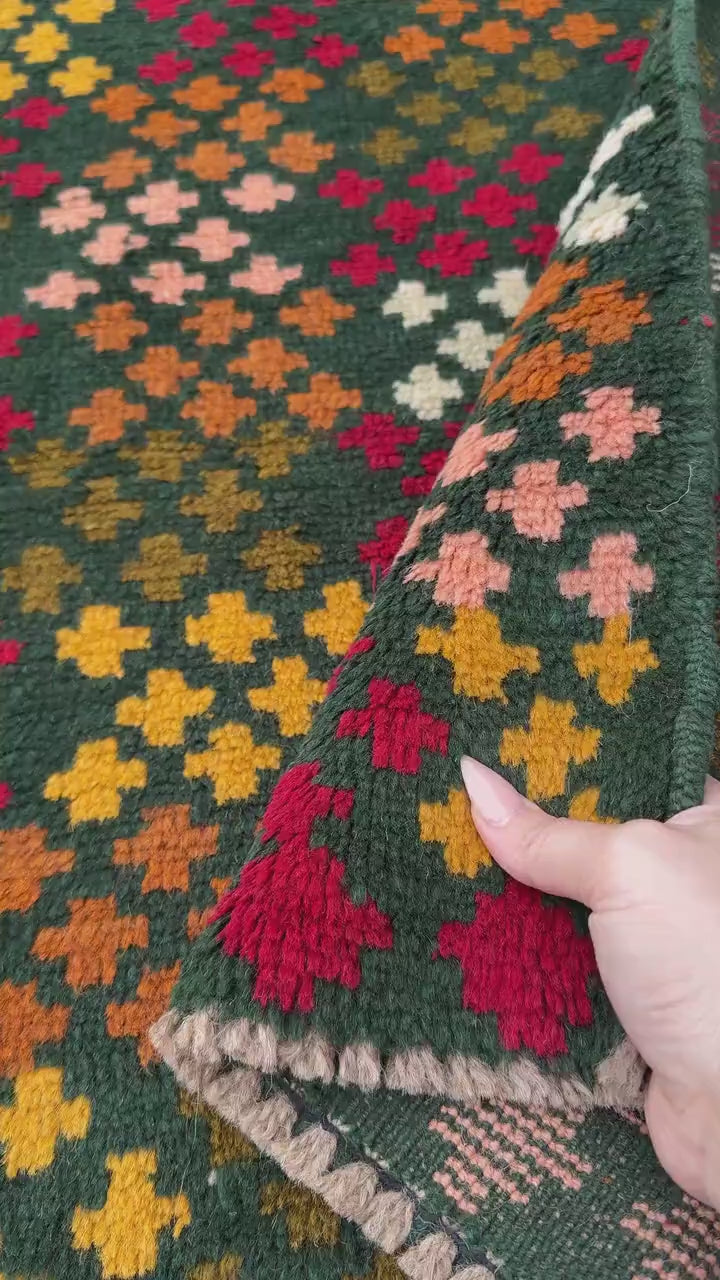 4x6 Handmade Vintage Afghan Baluch Rug | Forest Green Rust Red Burnt Orange Mustard Yellow Cream White Olive Green Peach | Wool Flatwoven