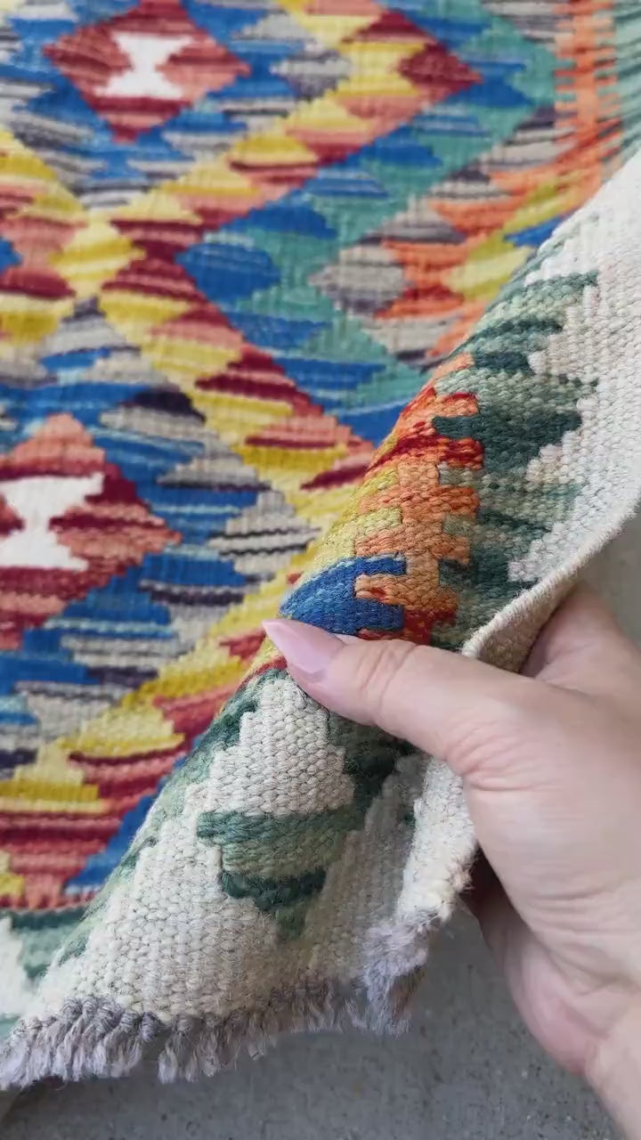 2x3 Handmade Afghan Kilim Rug | Cream White Royal Blue Aqua Teal Mustard Yellow Rust Red Burnt Orange Forest Green Grey | Wool Flatwoven