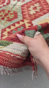 6x8 (180x245) Handmade Afghan Kilim Rug | Brick Red Burnt Orange Teal Olive Forest Green Taupe Grey Brown Sky Blue | Persian Oushak Wool