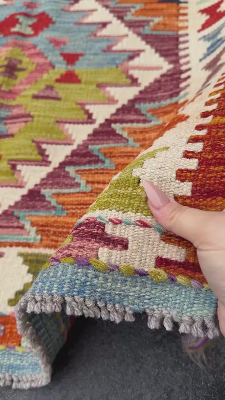 3x5 (91x152) Handmade Afghan Kilim Rug | Orange Burnt Scarlet Red Chartreuse Forest Green Cream Purple Denim Baby Blue Black Pink | Wool