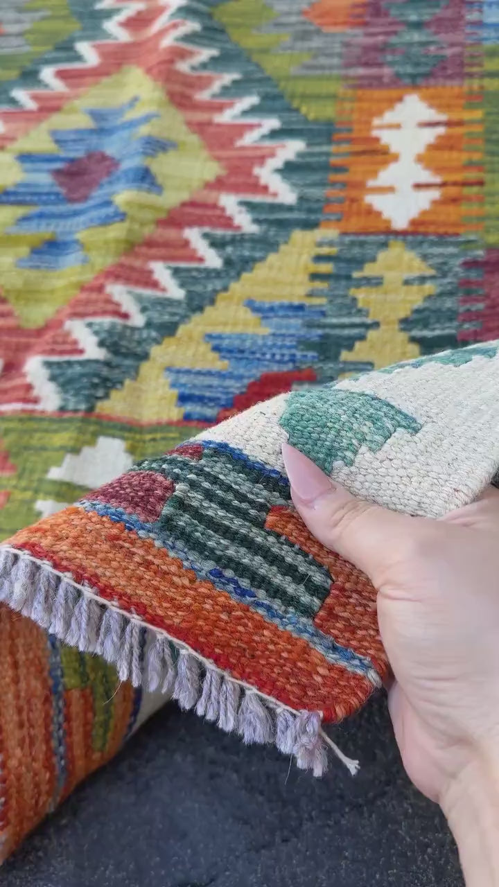 3x5 (91x152) Handmade Afghan Kilim Rug | Cream Forest Pine Moss Green Teal Aqua Denim Blue Orange Mustard Brick Auburn Maroon Red | Wool