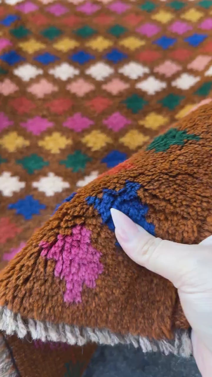 3x5 Handmade Vintage Afghan Baluch Rug | Chocolate Brown Burnt Orange Navy Blue White Peach Rose Pink Mustard Yellow Forest Green | Wool