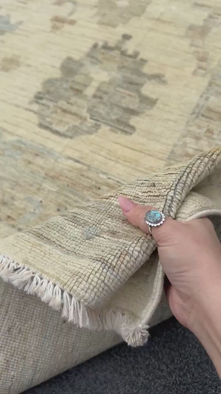 9x12 Handmade Afghan Wool Rug | Neutral Oushak Design | Beige And Soft Blue Traditional Carpet