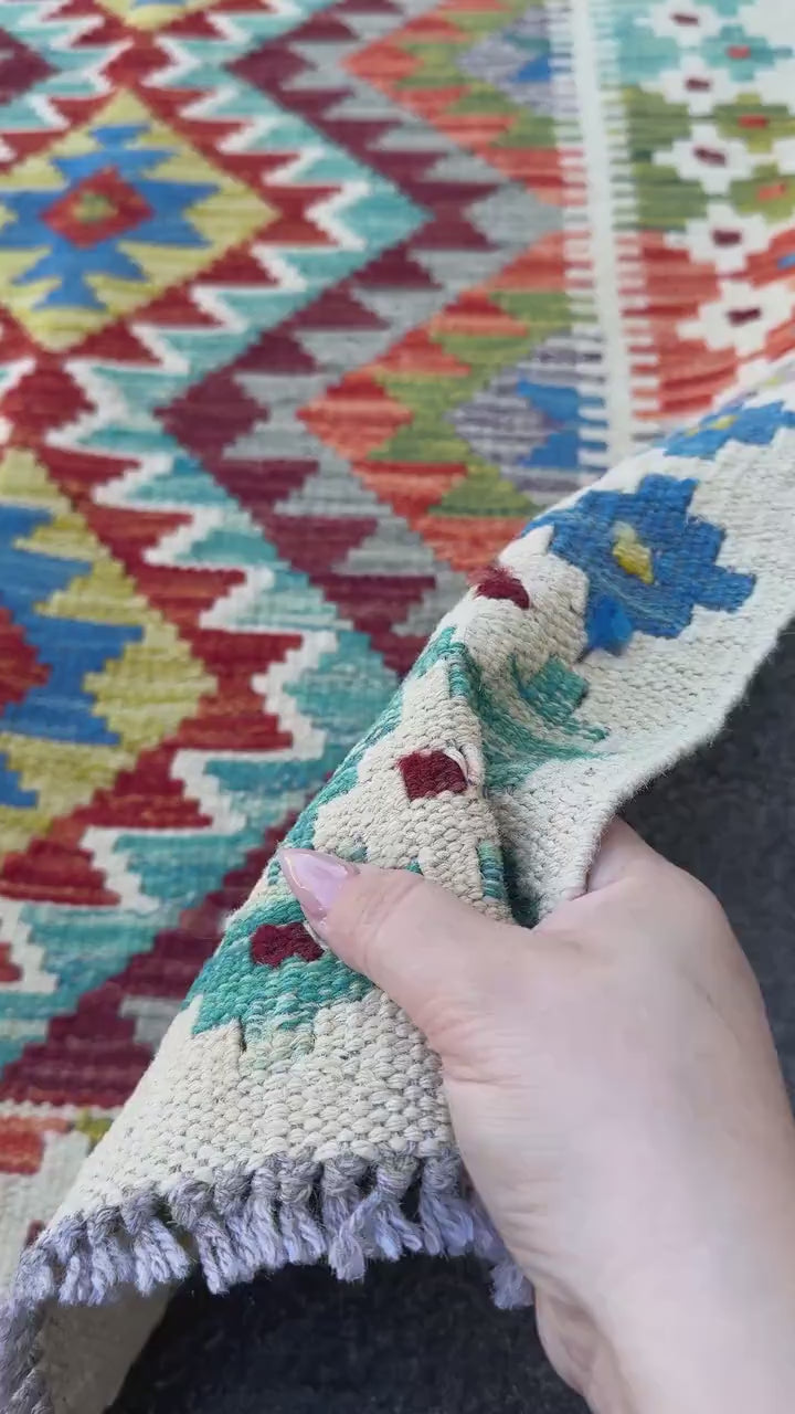 3x5 (91x152) Handmade Afghan Kilim Rug | Cream Burnt Orange Maroon Teal Grey Olive Moss Green Navy Blue Ivory Turquoise | Wool Flatweave