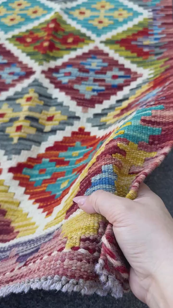 2x5 Handmade Afghan Kilim Runner Rug | Rust Red Burnt Orange Cream White Mustard Yellow Olive Green Teal Aqua Blue Navy Purple Grey | Wool
