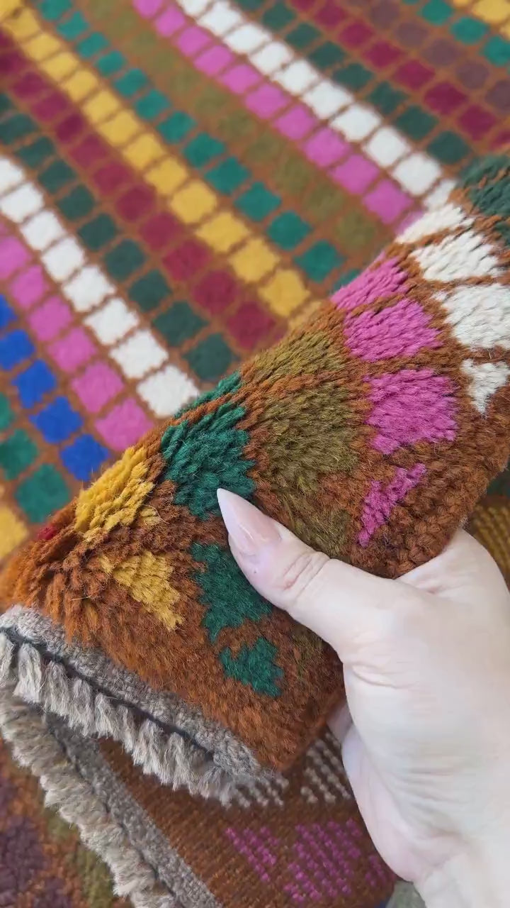4x6 Handmade Vintage Afghan Baluch Rug | Copper Chocolate Brown Olive Pine Forest Green White Rose Salmon Pink Peach Brick Red Mustard Gold