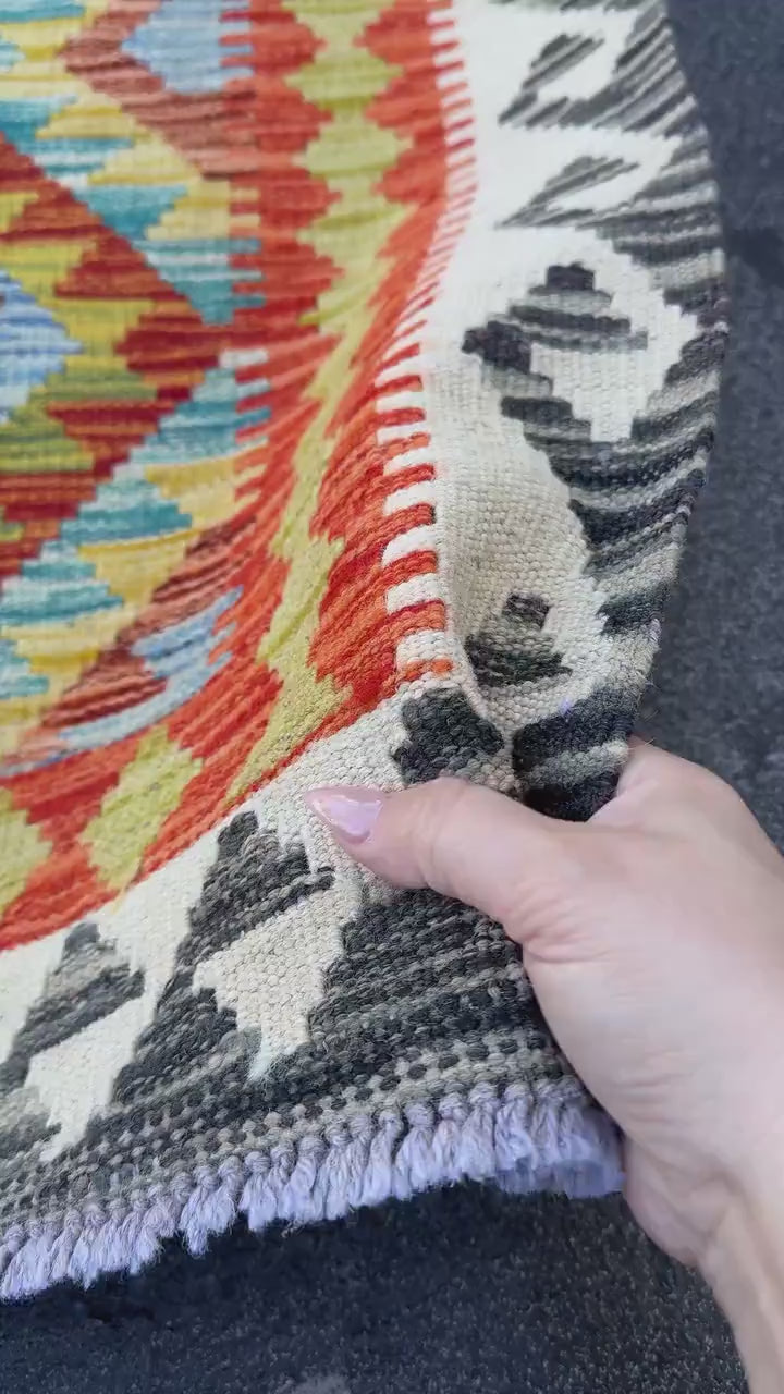 3x5 (91x152) Handmade Afghan Kilim Rug | Denim Blue Burnt Orange Teal Eggplant Purple Olive Moss Green Cream Charcoal | Wool Turkish