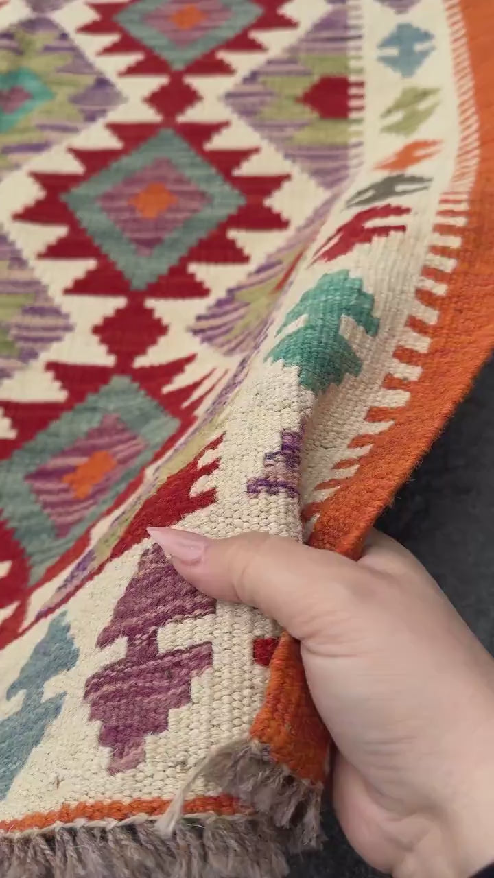 3x6 (91x182) Handmade Afghan Kilim Runner Rug | Orange Blood Red Purple Moss Forest Green Teal Prussian Blue Cream Sand | Wool Flatweave