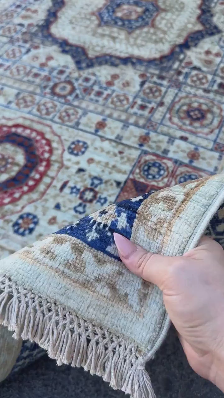 4x7 Handmade Afghan Wool Rug | Ivory and Royal Blue Mamluk Medallion Area Rug | Rust and Navy Accents | Hand-Knotted Geometric Carpet