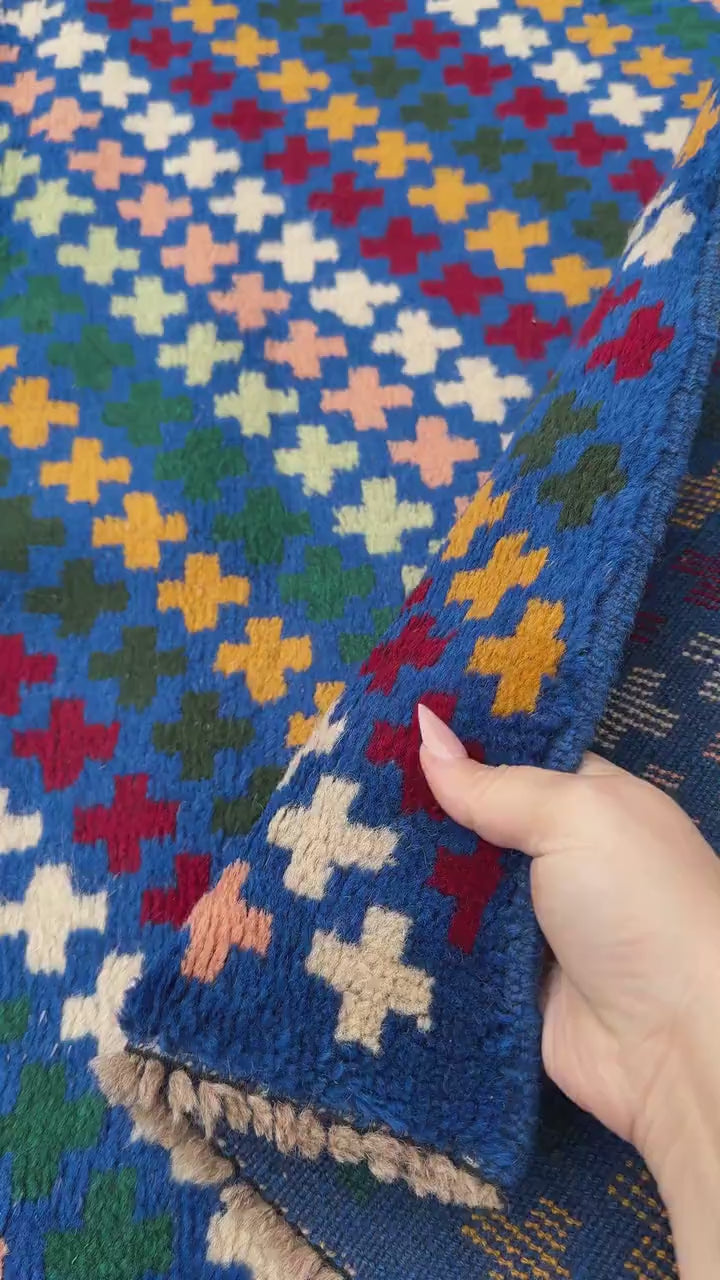 4x6 Handmade Vintage Afghan Baluch Rug | Royal Blue Rust Red Green Mustard Yellow Cream Pink Peach White Olive Navy | Wool Flatwoven