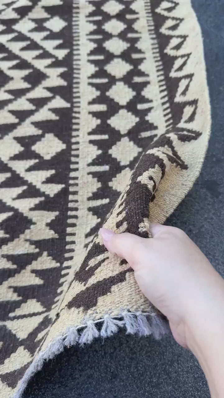3x4 Handmade Afghan Kilim Rug | Dark Brown Cream Beige Taupe Black | Wool Flatwoven