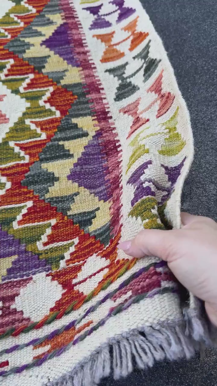 3x5 Handmade Afghan Kilim Rug | Cream White Mustard Olive Green Burnt Orange Brick Red Pink Purple Burgundy Charcoal Grey