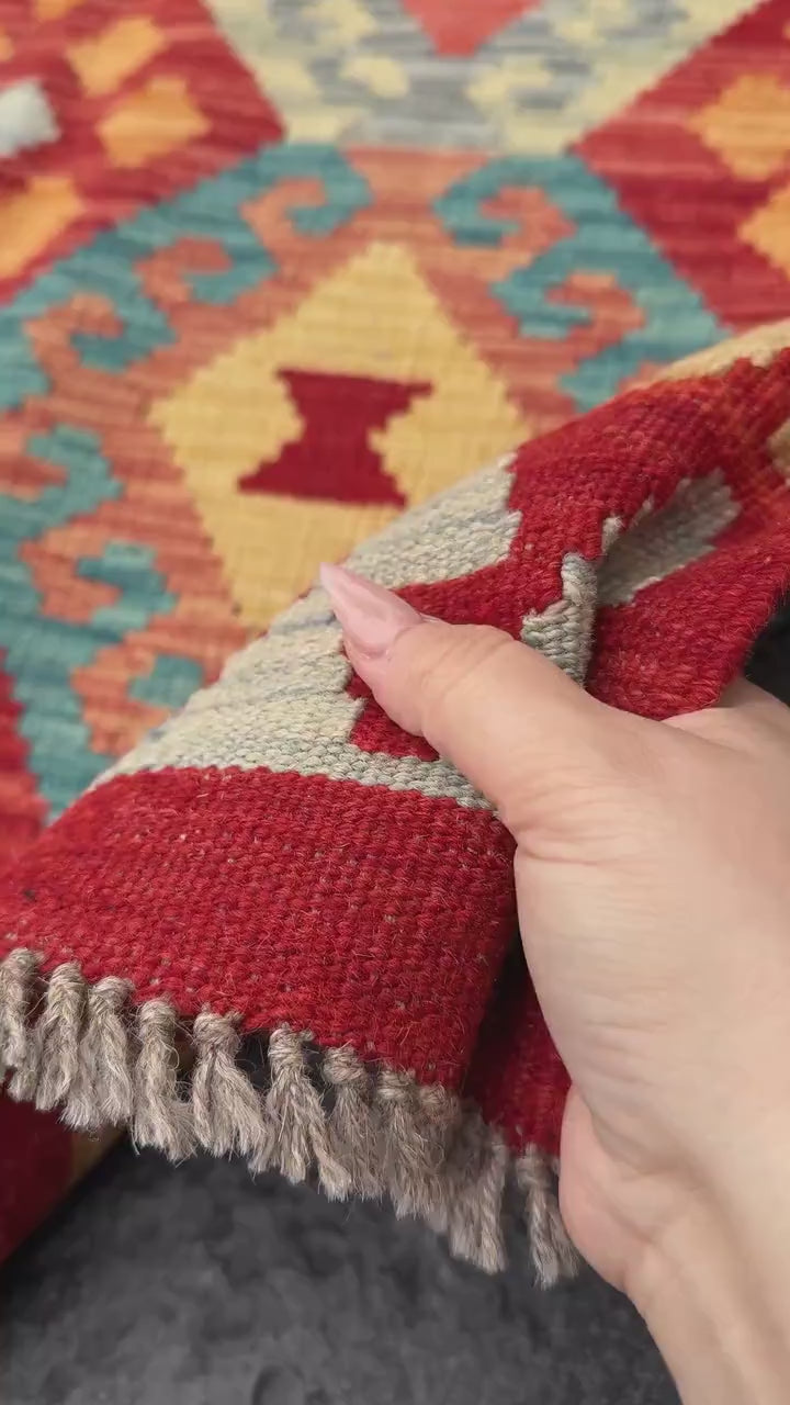 3x5 (91x152) Handmade Afghan Kilim Rug | Scarlet Crimson Blood Red Saffron Yellow Rust Orange Teal Turquoise Sky Denim Powder Blue Green Tan
