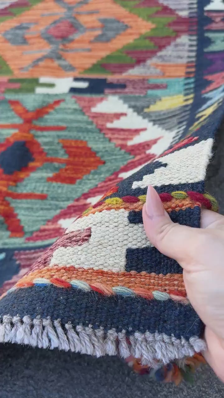2x5 Handmade Afghan Kilim Runner Rug | Midnight Denim Blue Forest Moss Green Teal Brick Red Grey Cream White Black Yellow Peach Orange