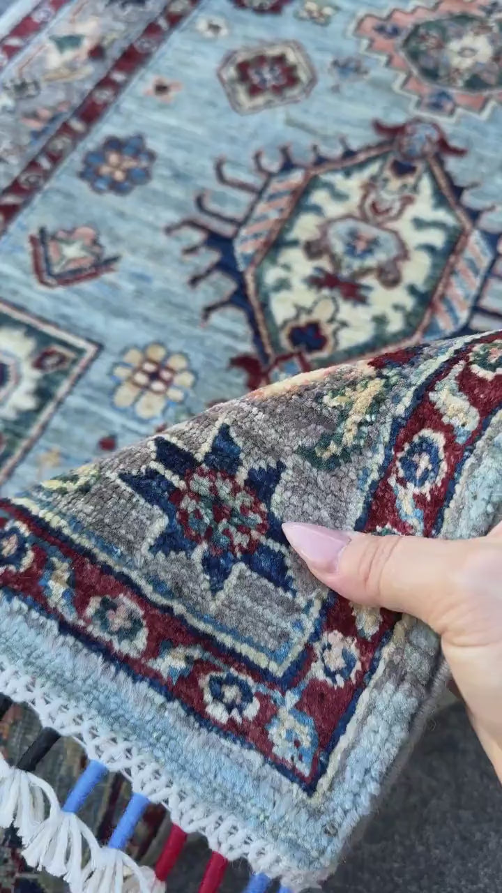 3x15 Handmade Afghan Wool Runner Rug | Light Blue Geometric Runner | Traditional Kazak Hallway Rug