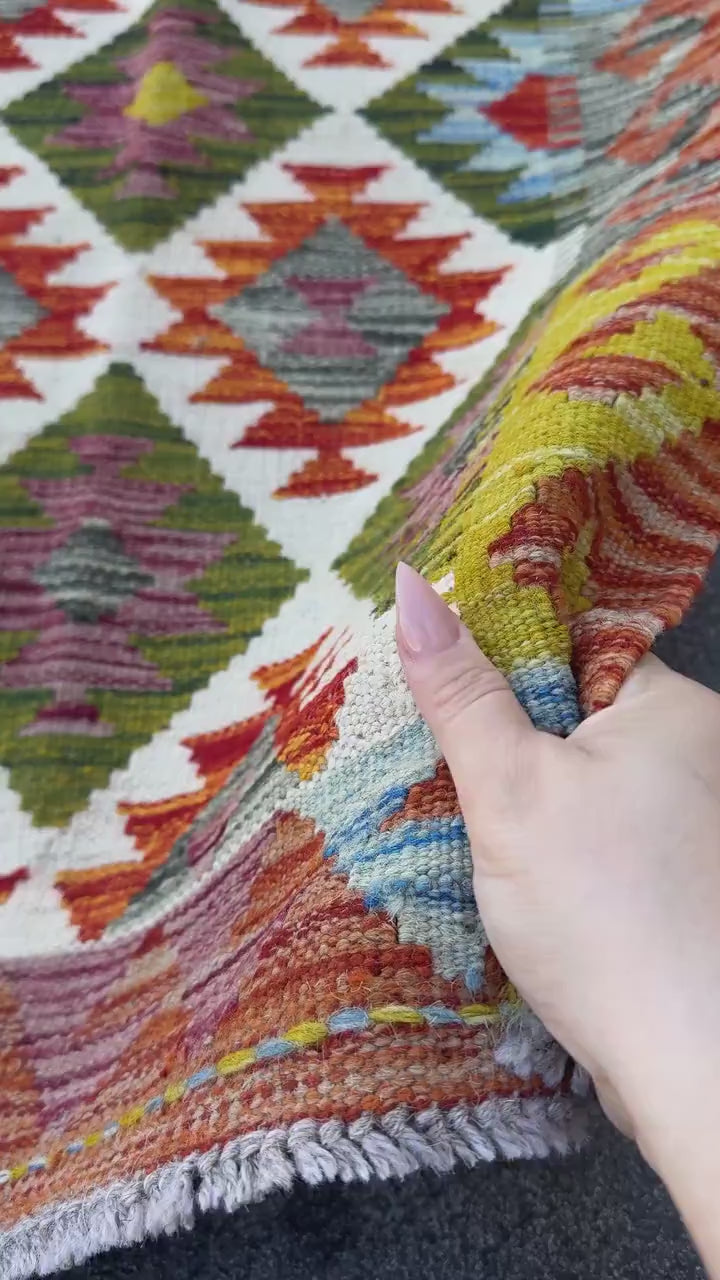 2x5 Handmade Afghan Kilim Runner Rug | Olive Green Rust Red Burnt Orange Cream White Mustard Yellow Teal Aqua Blue Purple | Wool Flatwoven