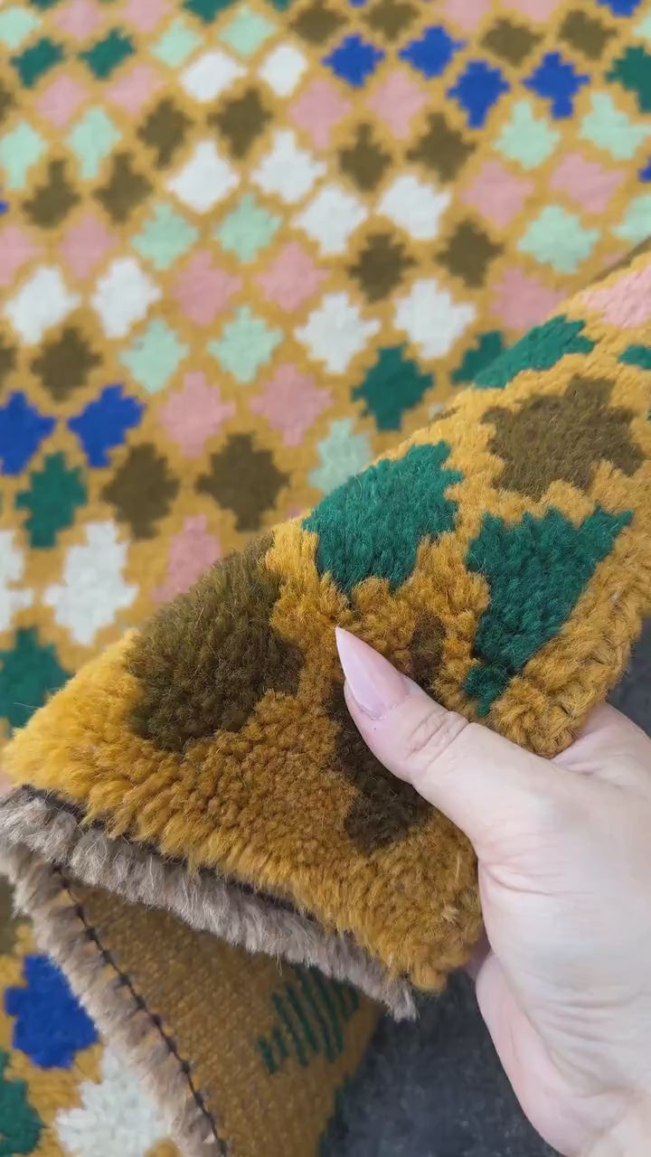 4x6 Handmade Vintage Afghan Baluch Rug | Mustard Yellow Olive Forest Mint Green Salmon Pink Peach Navy Blue White | Wool Flatwoven