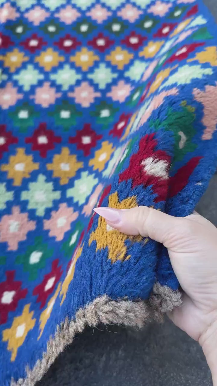 3x10 Handmade Vintage Afghan Baluch Runner Rug | Navy Blue Pine Mint Green Brick Red Mustard Gold White Cream Peach | Wool Flatwoven