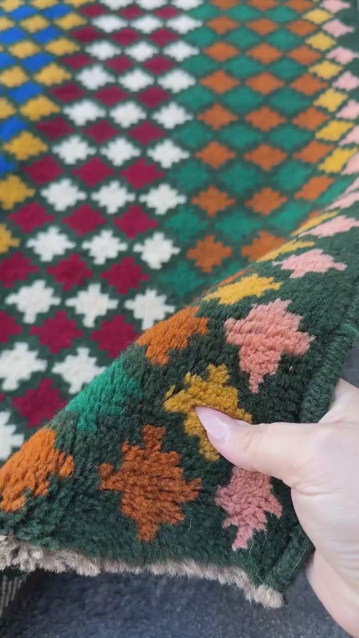 3x10 Handmade Vintage Afghan Baluch Runner Rug | Pine Forest Green Navy Blue Cream White Copper Taupe Salmon Pink Brick Red | Wool Flatwoven