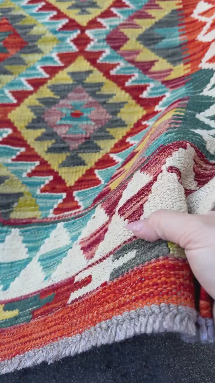 3x4 Handmade Afghan Kilim Rug | Rust Red Mustard Yellow Teal Aqua Blue Olive Green Cream White Burnt Orange Navy Purple Grey | Flatwoven