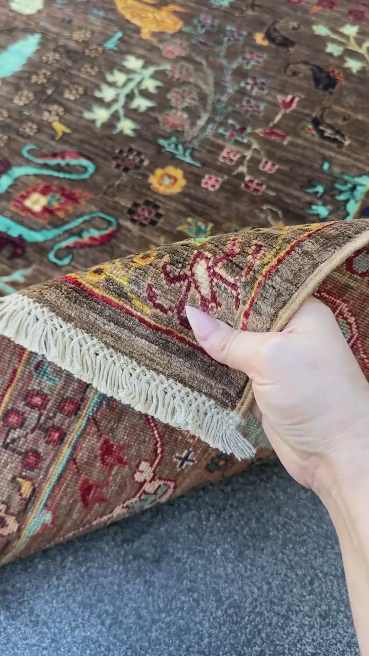 6x8 Handmade Afghan Wool Rug | Chocolate Brown Floral Garden Area Rug | Turquoise and Gold Accents | Hand-Knotted Traditional Carpet