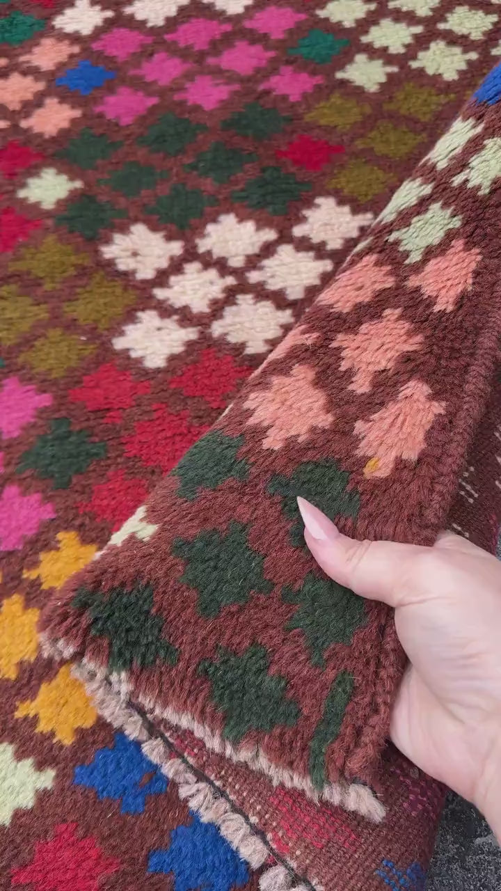 4x6 Handmade Vintage Afghan Baluch Rug | Chocolate Brown Rust Red Cream White Mustard Yellow Olive Green Pink Blue Peach | Wool Flatwoven