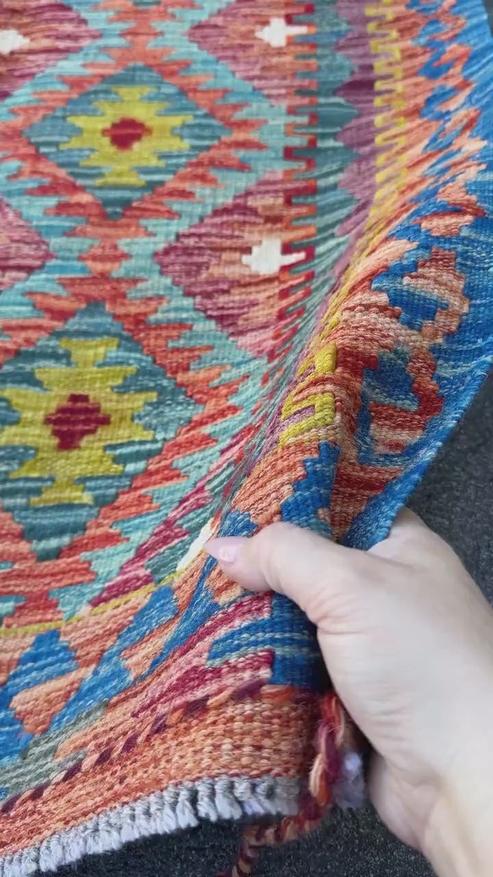 3x4 Handmade Afghan Kilim Rug | Burnt Orange Rust Red Mustard Yellow Aqua Blue Teal Olive Green Purple Cream White Grey | Wool Flatwoven