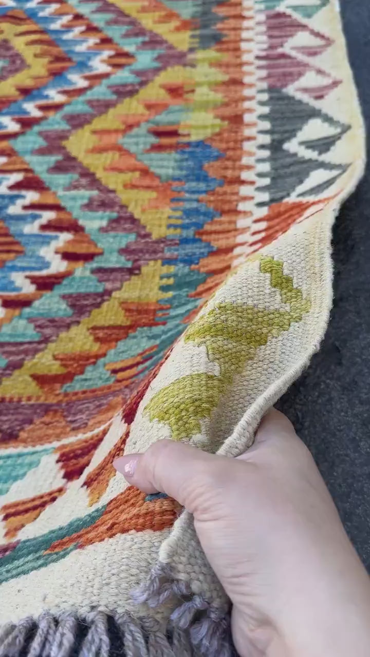 3x4 (91x121) Handmade Afghan Kilim Rug | Cream Baby Pink Orange Teal Turquoise Baby Aqua Blue Mustard Yellow Brick Burgundy Red | Wool