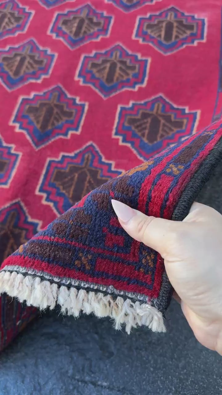 3x5 (91x152) Handmade Vintage Afghan Baluch Rug | Crimson Brick Burgundy Red Navy Blue Caramel Tan Brown White Ivory Cream | Wool