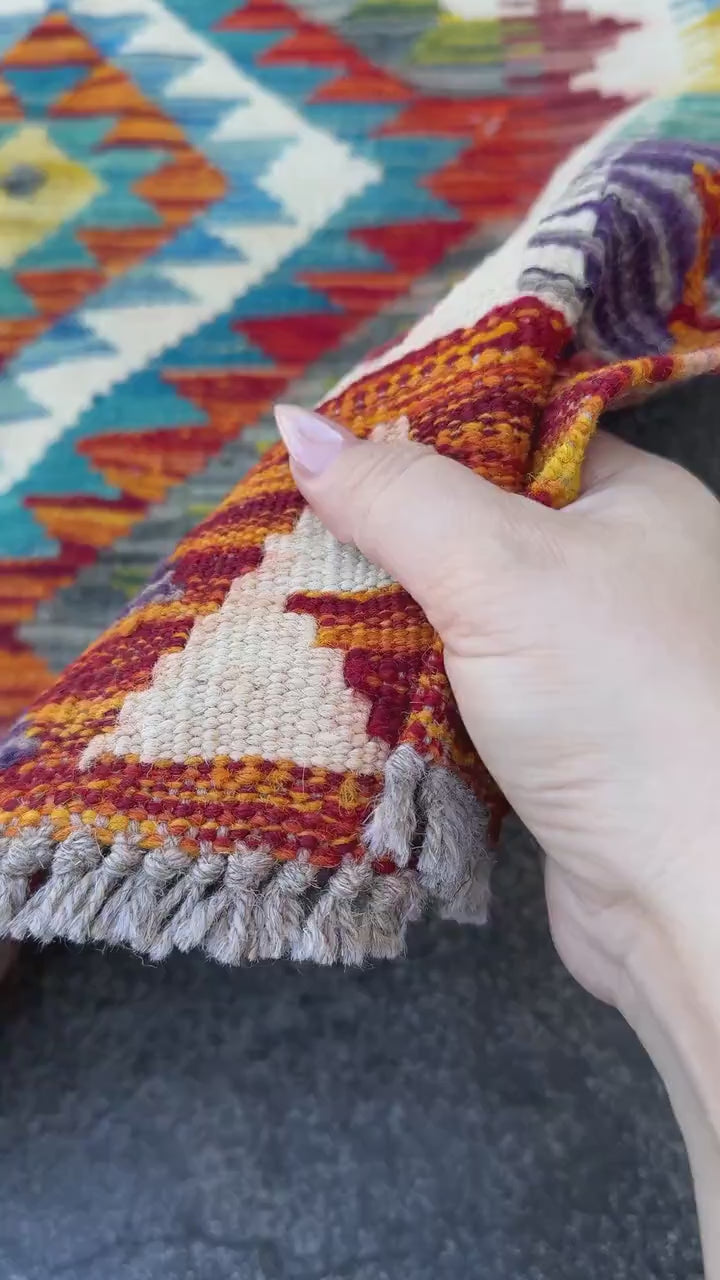 3x4 Handmade Afghan Kilim Rug | Cream White Teal Aqua Sky Blue Olive Green Mustard Golden Yellow Rust Brick Red Burgundy Plum Grey