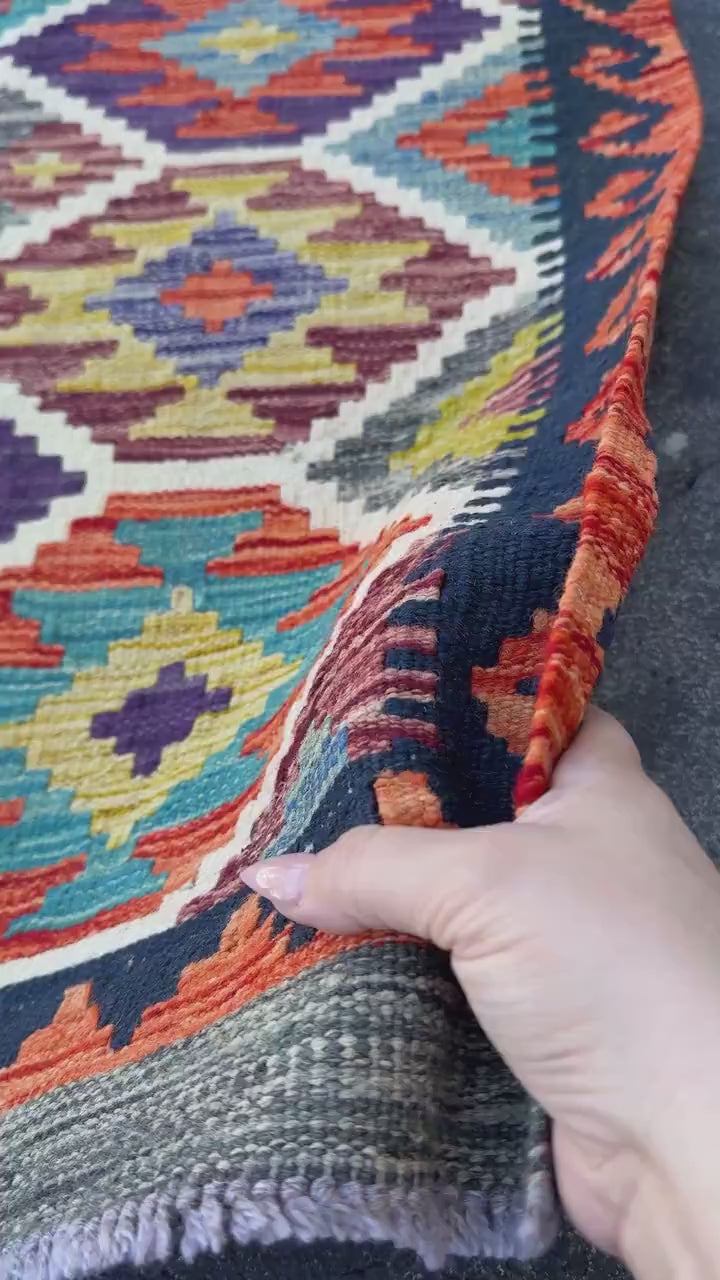 3x4 (91x121) Handmade Afghan Kilim Rug | Orange Black Teal Turquoise White Grey Moss Sage Green Purple Maroon Red | Wool Flatweave Bold