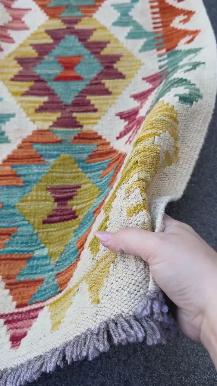 3x5 (91x152) Handmade Afghan Kilim Rug | Cream White Olive Green Teal Maroon Purple Burnt Orange Mustard Yellow Red | Wool Flatwoven