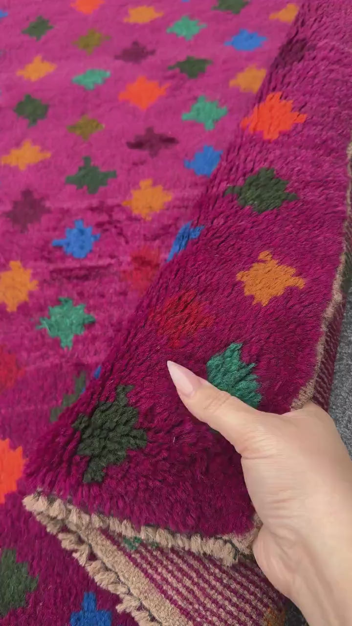 4x6 Handmade Vintage Afghan Baluch Rug | Magenta Purple Rust Red Burnt Orange Mustard Yellow Olive Green Aqua Blue Teal | Wool Flatwoven